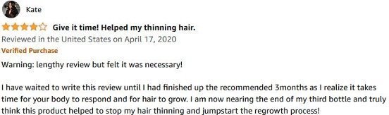 4 star Amazon review of Nutrafol by user Kate